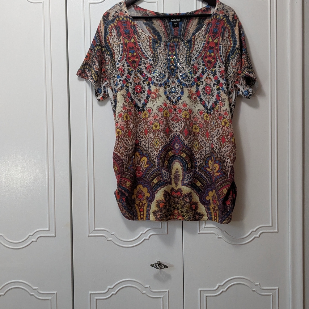 Simply Emma Red and Brown Relaxed Graphic Boxy Blouse Short Sleeves Size 1X